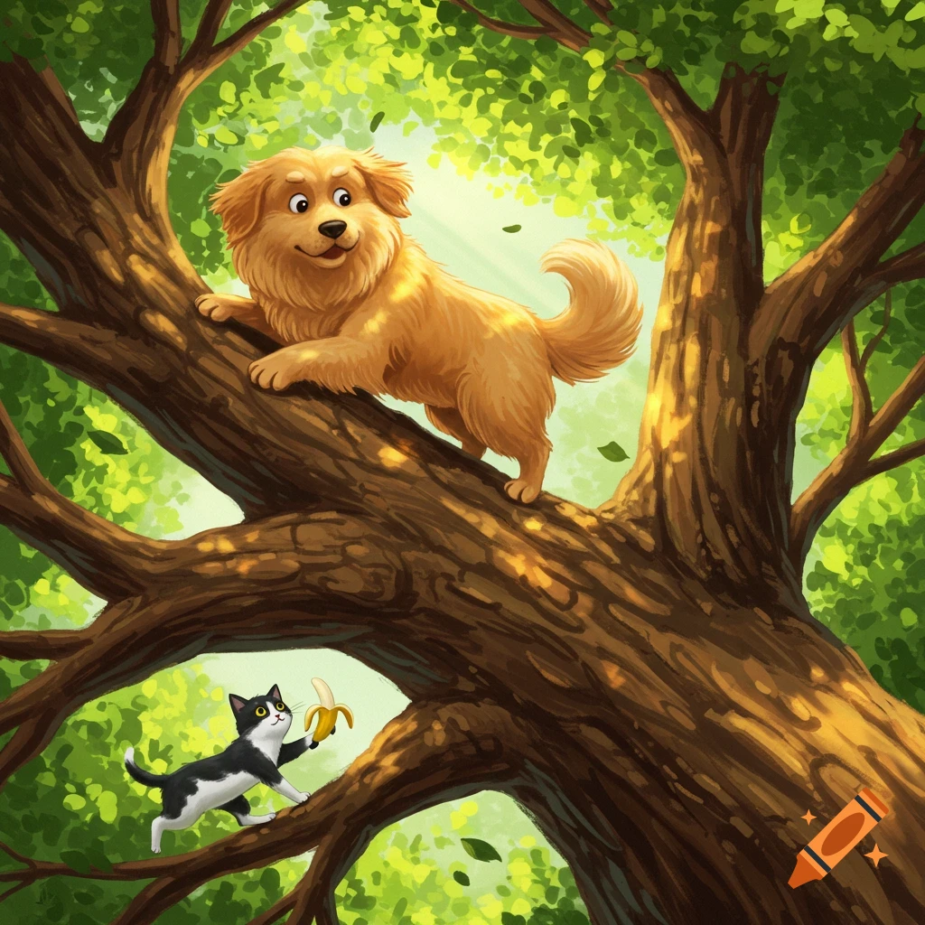 A cartoon golden retriever dog on a tree branch looks down at a black and white cat holding a banana. Bright green leaves.