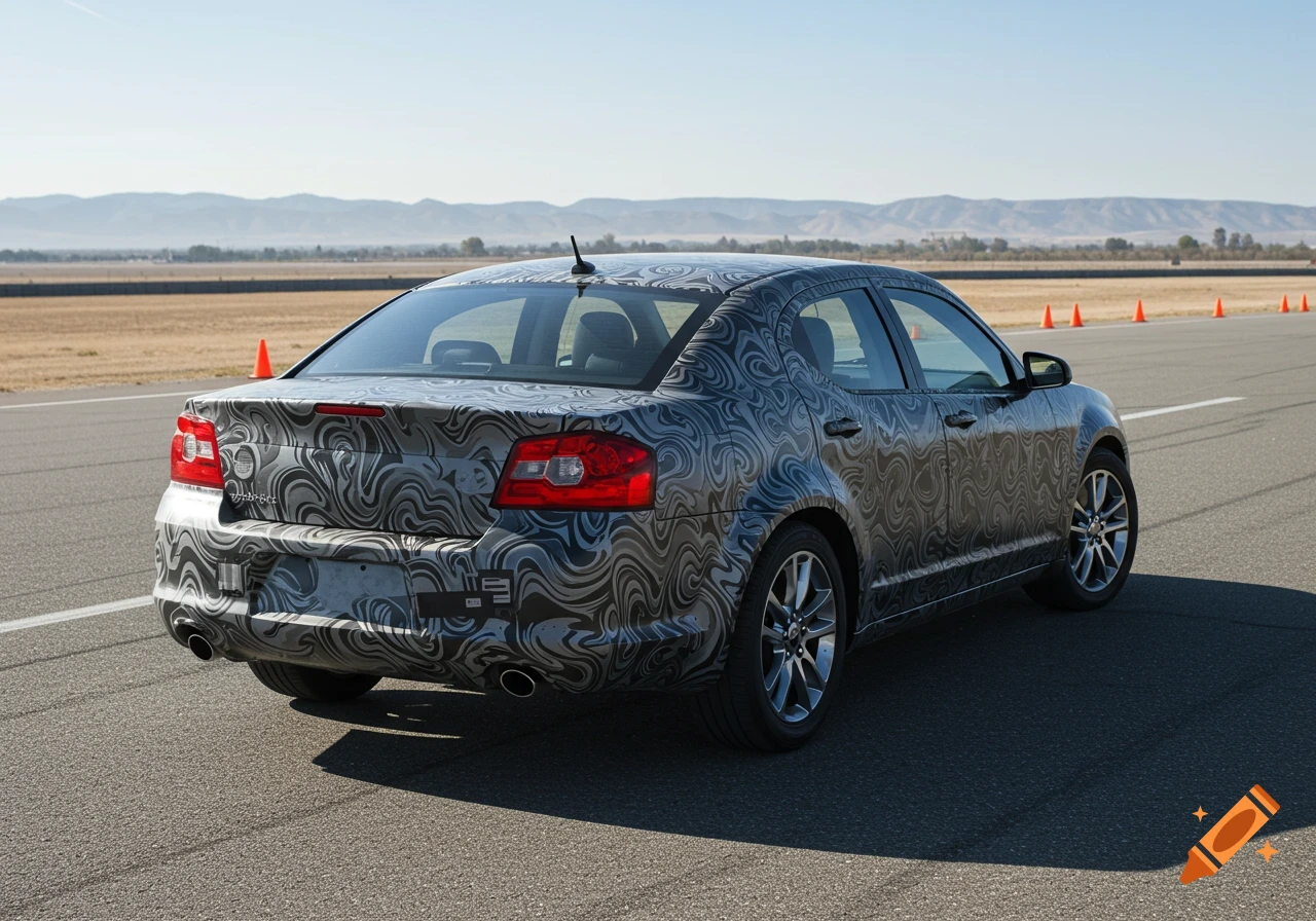Rear view of a gray camouflage-wrapped sedan test mule on an asphalt track with orange cones and distant mountains.