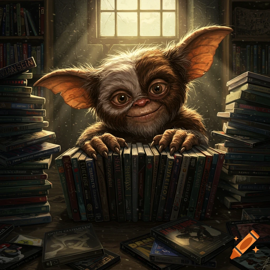 A brown and white furry gremlin-like creature with large ears grins, clutching a stack of DVDs in a dimly lit library. Books are piled high around it, with light streaming through a window.