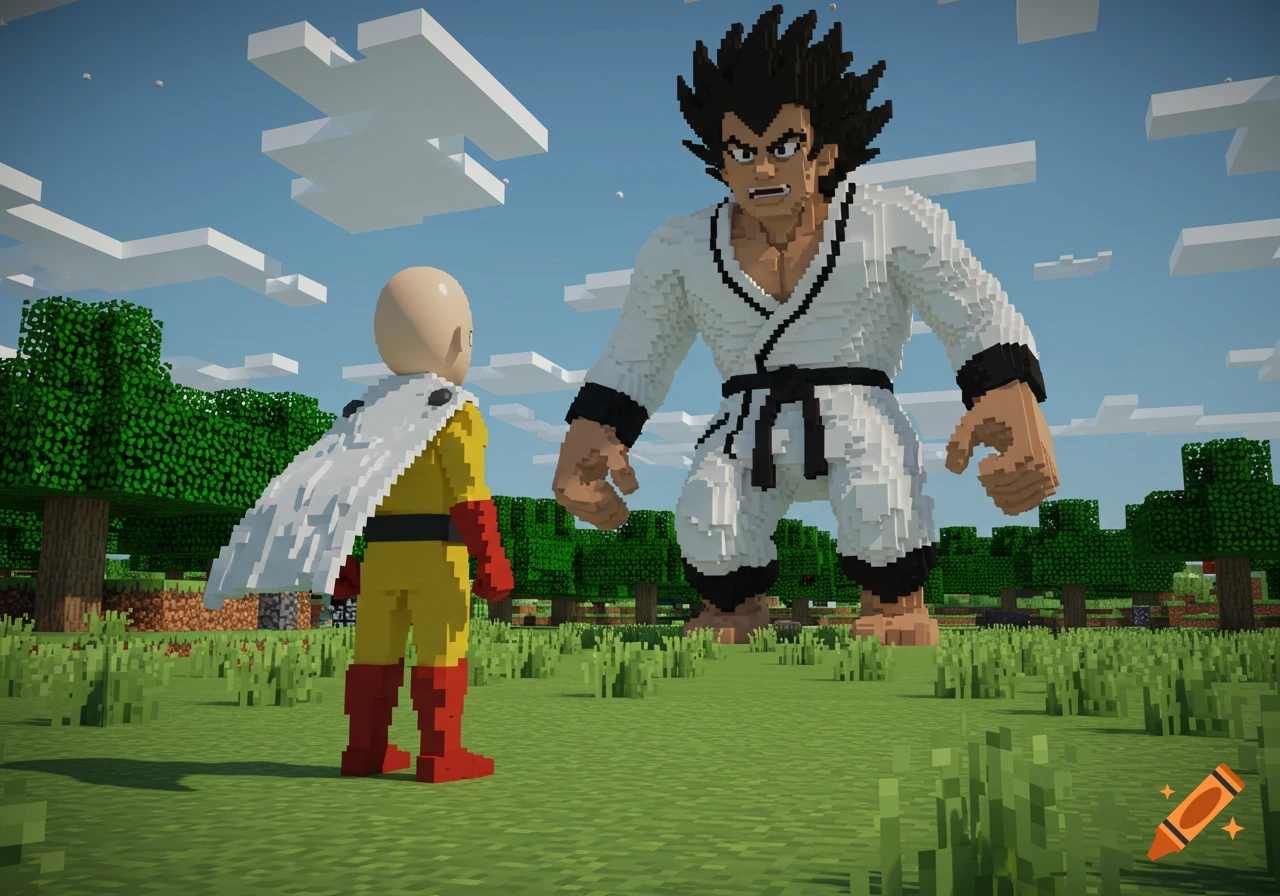 Saitama from One Punch Man stands in a grassy Minecraft-style world, facing a giant blocky martial artist in a white gi.