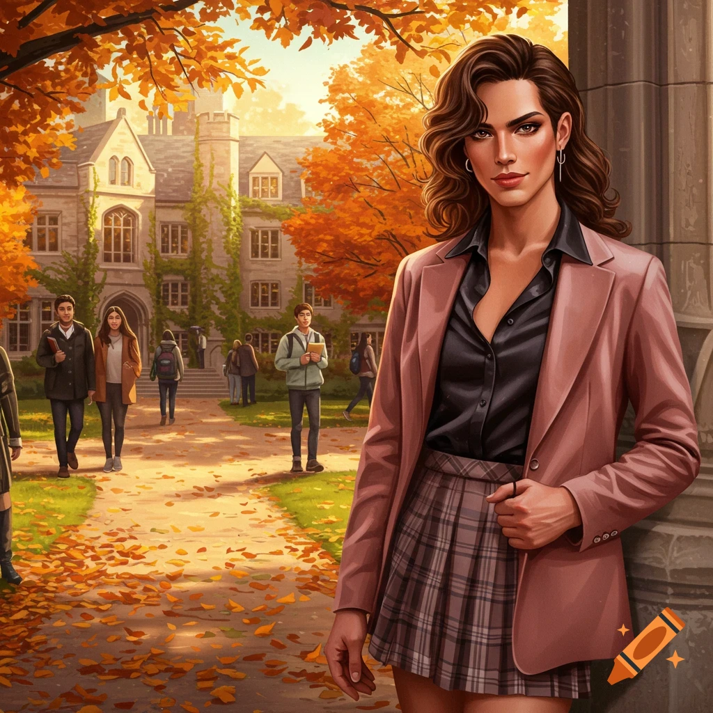 A person in a pink blazer and plaid skirt stands on a college campus with autumn trees and students in the background, digital art.
