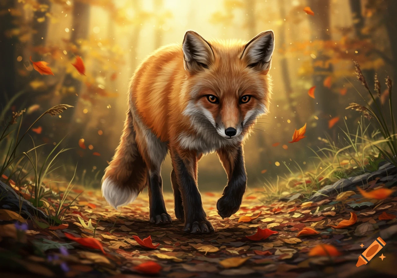 A red fox with detailed fur walks through an autumn forest, surrounded by fallen leaves and golden light.