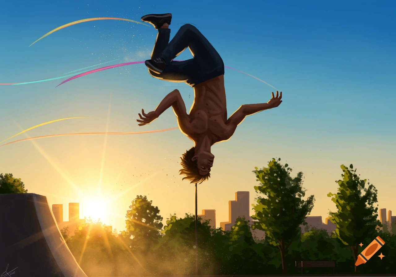 A man in mid-air performing a backflip against a vibrant sunset over a city skyline.