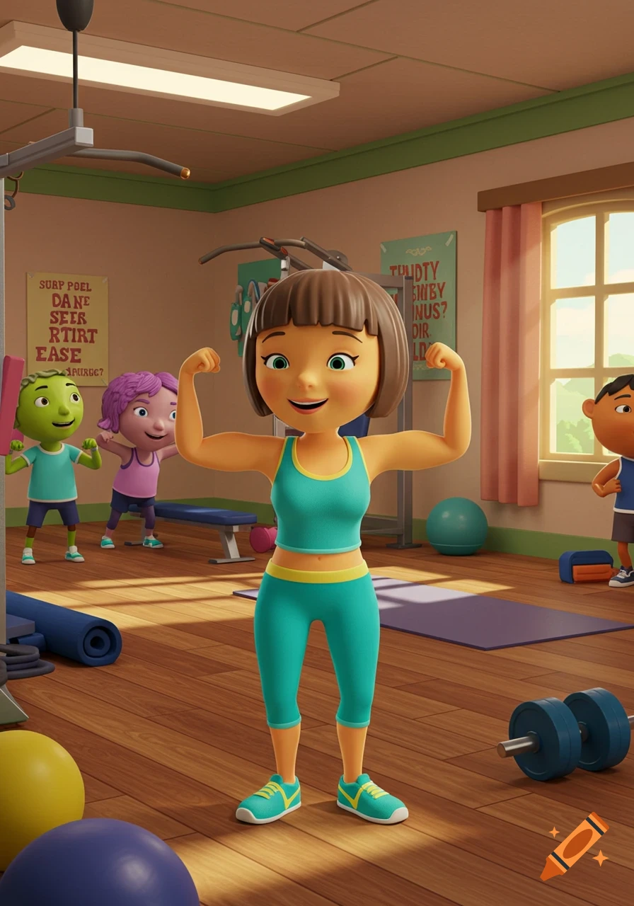 A cartoon woman in teal workout clothes flexes her muscles at a gym, with other cartoon children in the background.