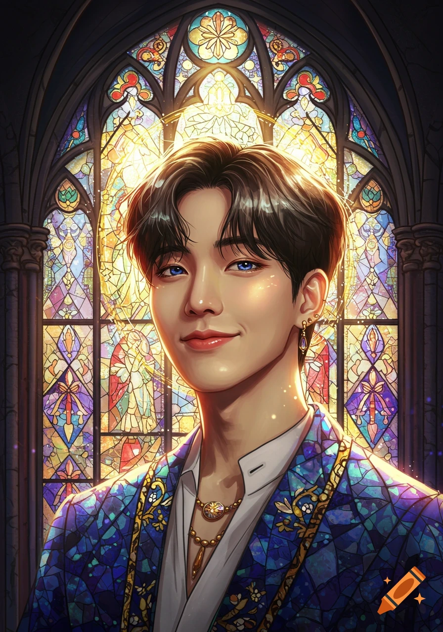 A stylized portrait of a smiling person with dark hair and blue eyes, in a vibrant stained-glass art style, against a colorful stained-glass window.