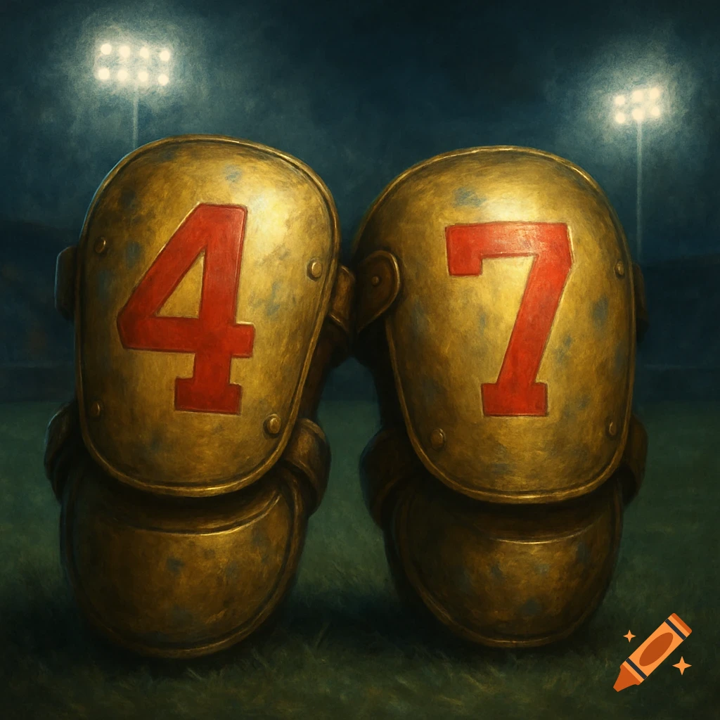 Close-up of two golden football knee pads with red numbers '4' and '7' on a field at night.