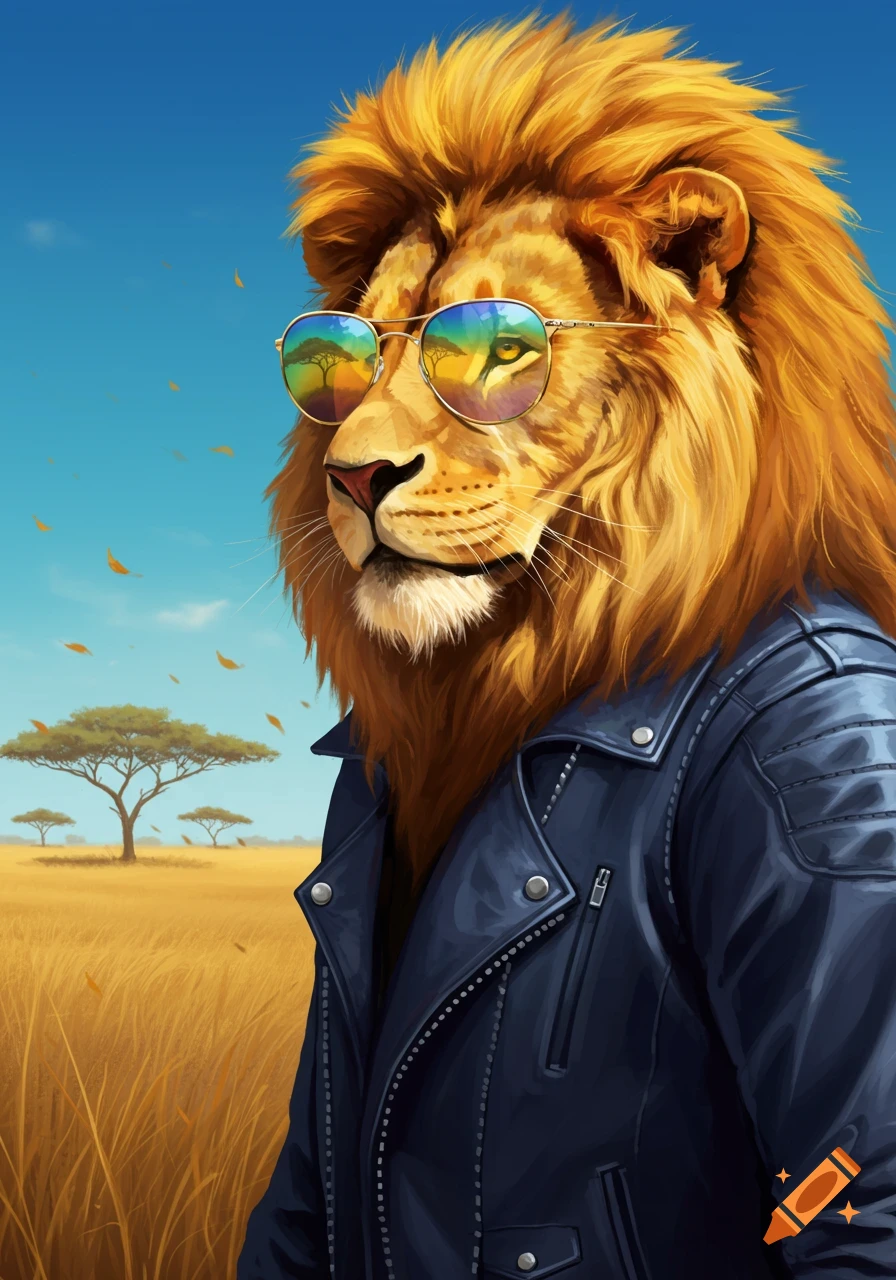 Close-up illustration of a lion wearing a black leather jacket and reflective sunglasses in a savanna with acacia trees.