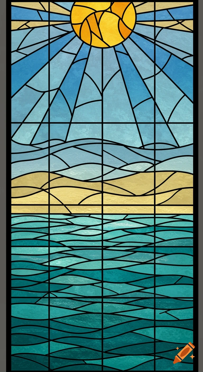 A vibrant stained glass panel featuring a yellow sun in a blue sky over a golden beach and a teal ocean.