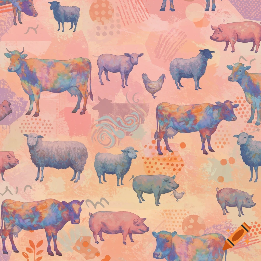 Colorful, abstract seamless pattern of cows, pigs, sheep, and chickens on a textured, pastel background.