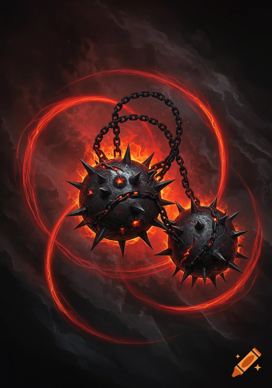 Two dark, spiked flail heads connected by chains glow with red demonic energy against a dark background.