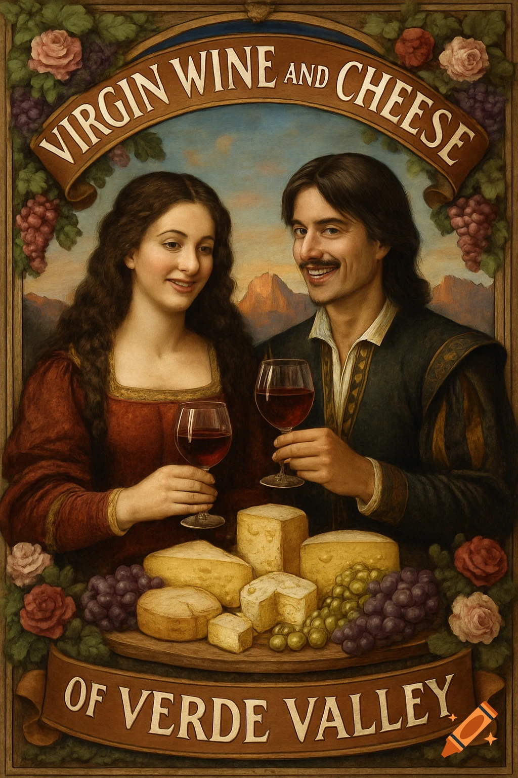 A vintage Renaissance style painting of a smiling man and woman holding wine glasses, surrounded by cheese, grapes, and roses, with decorative text banners.