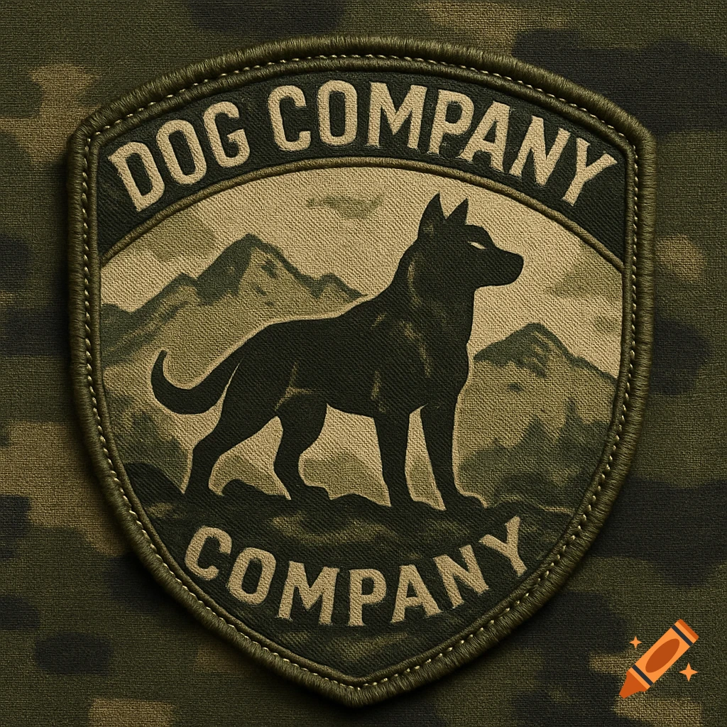 Green military-style patch with a black dog silhouette, mountains, and the text 'DOG COMPANY' and 'COMPANY'.