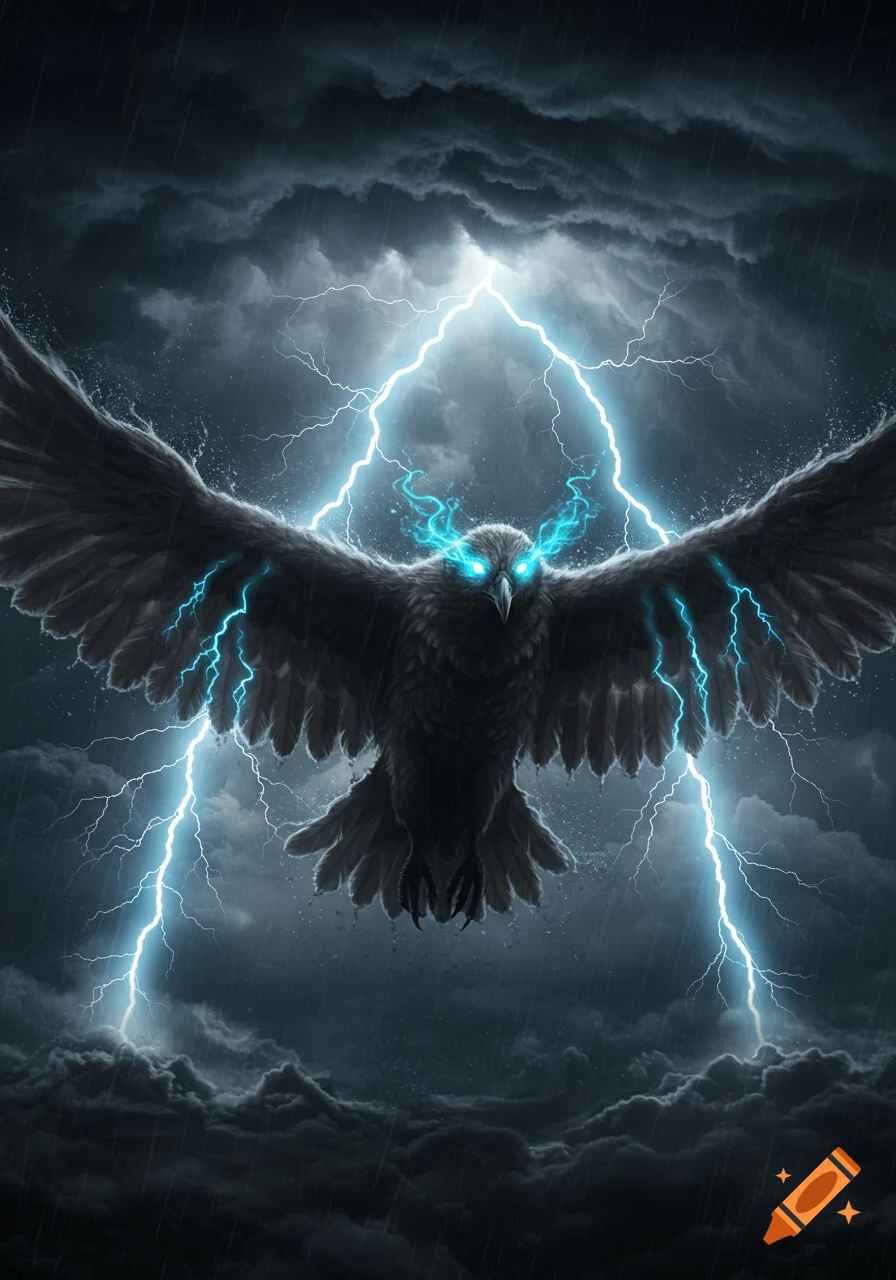 A dark, powerful bird with glowing blue eyes and electrical energy around its head and wings flies amidst a stormy sky with intense lightning and rain.