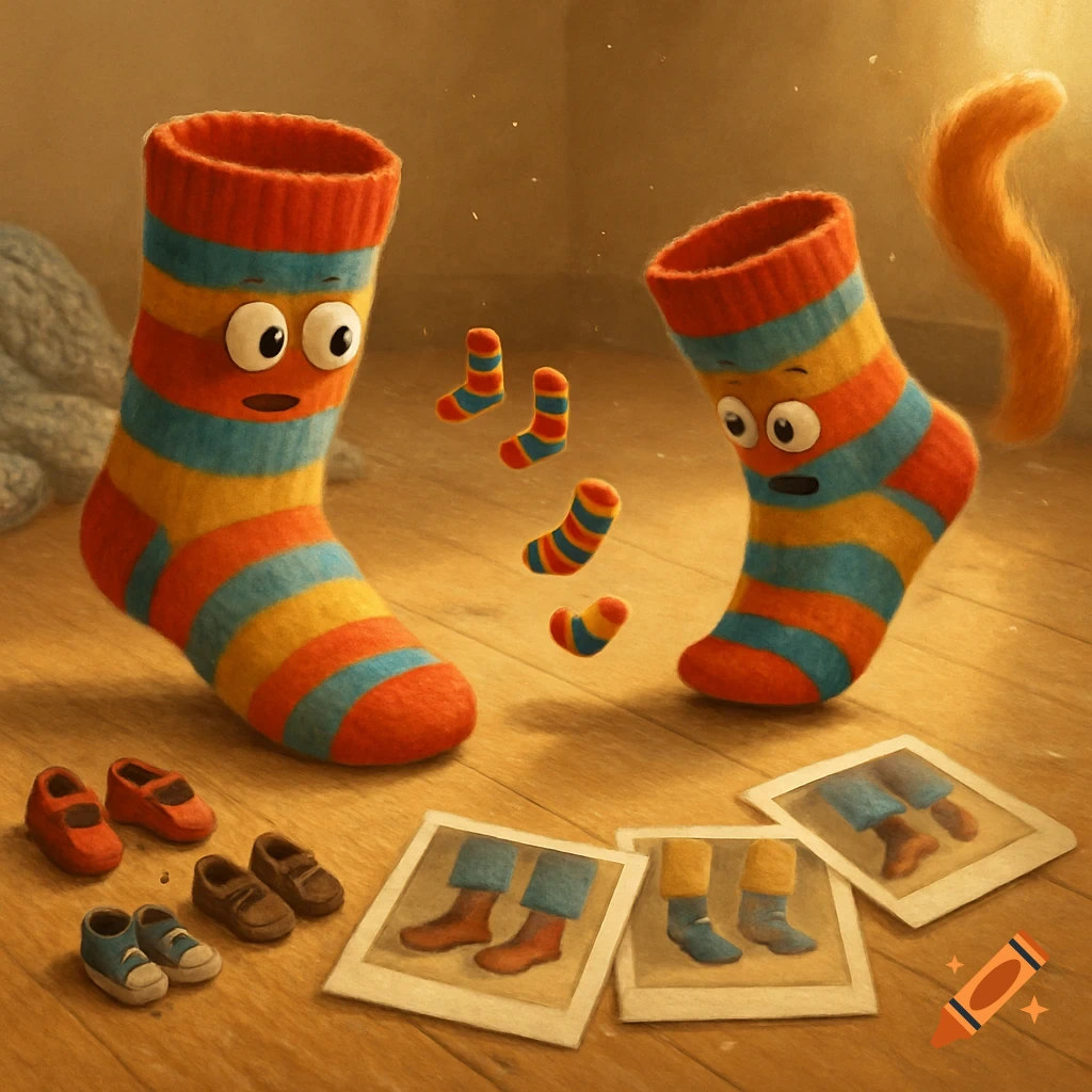 Two cartoon striped socks with faces stand on a wooden floor, tiny shoes, floating mini socks, and polaroid photos of feet in socks nearby.