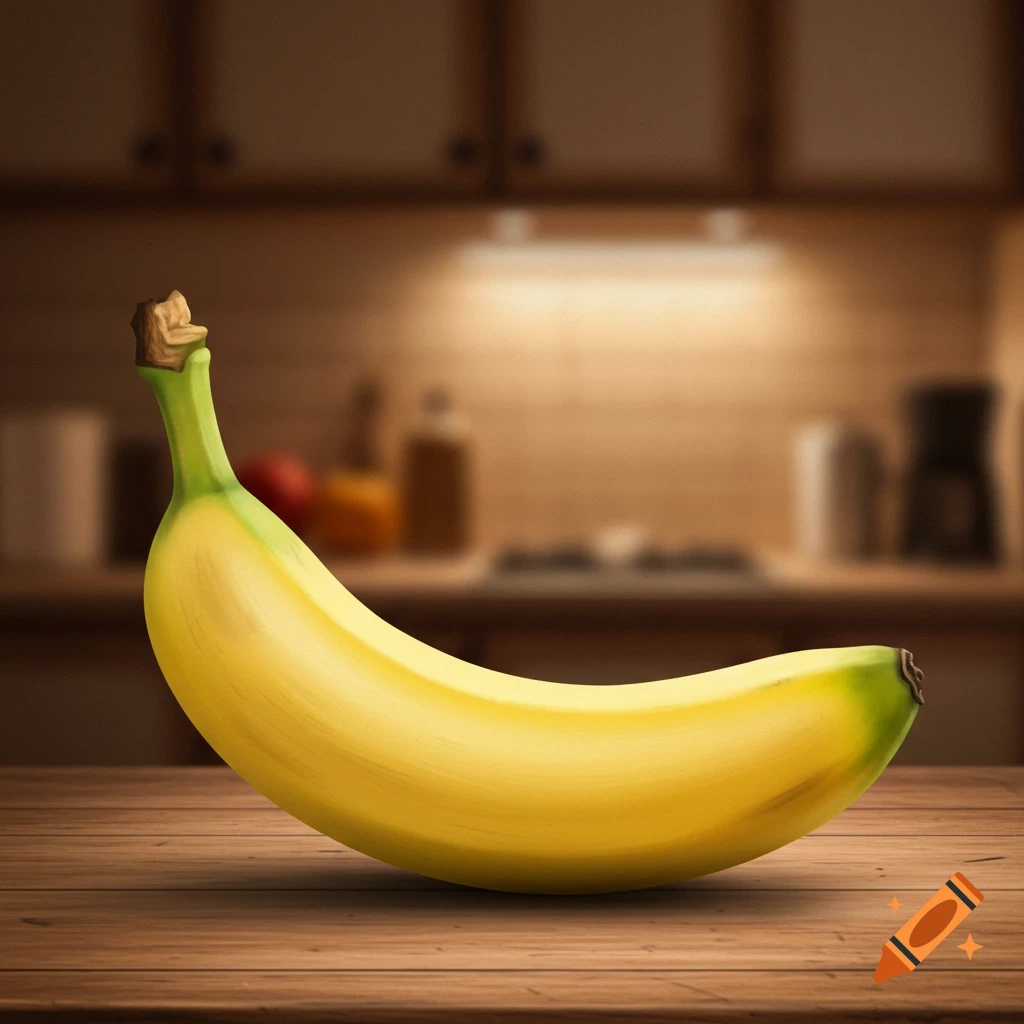 A single yellow banana rests on a wooden table in a blurred kitchen background, photorealistic style.