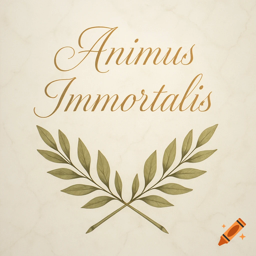 Golden script reads 'Animus Immortalis' above a crossed green laurel wreath on a cream background with a subtle marble texture.