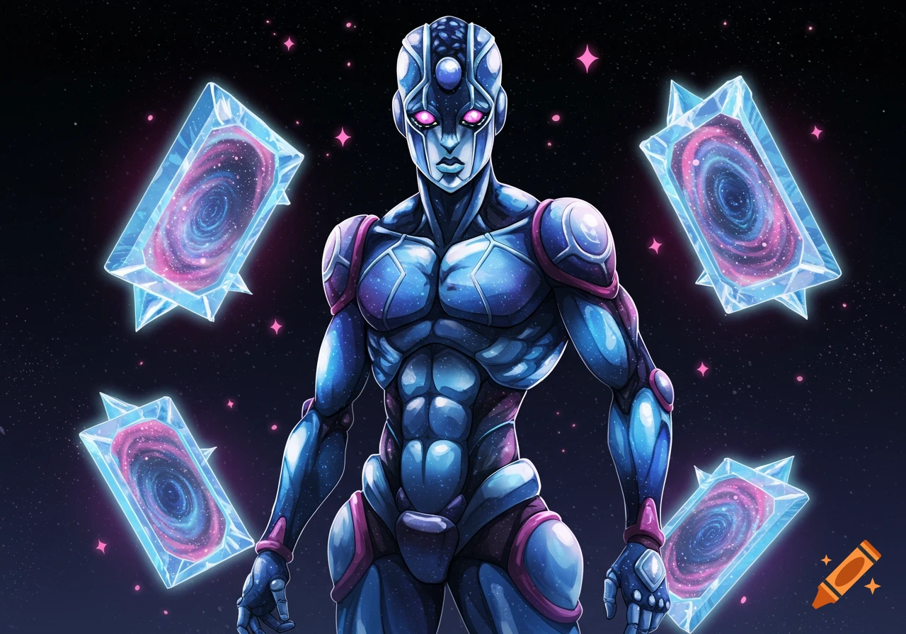 A muscular humanoid figure with a blue galaxy texture and pink accents stands against a starry space background, surrounded by four glowing ice-like portals.