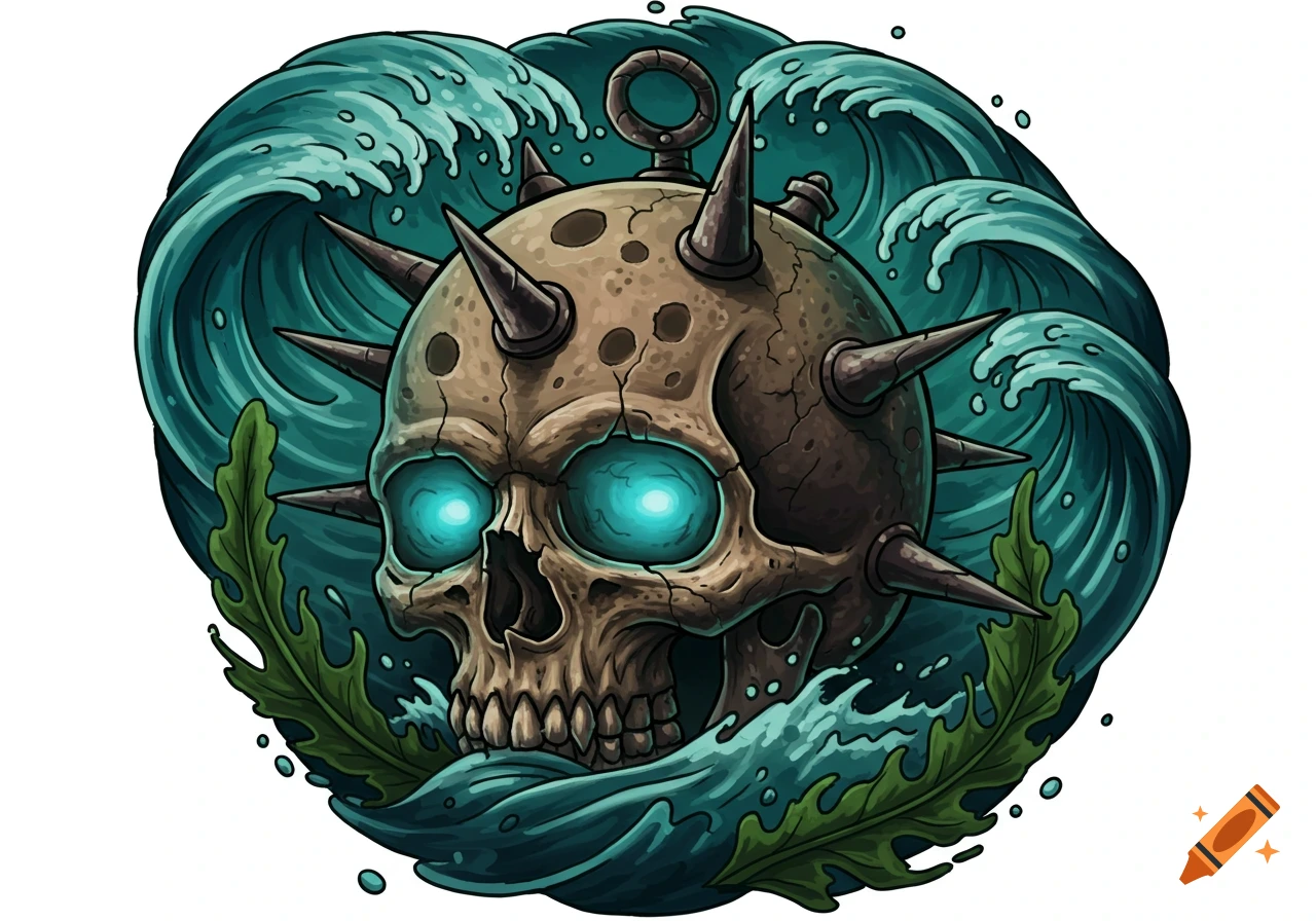 Stylized illustration of a skull resembling a sea mine with glowing blue eyes, surrounded by teal waves and seaweed.