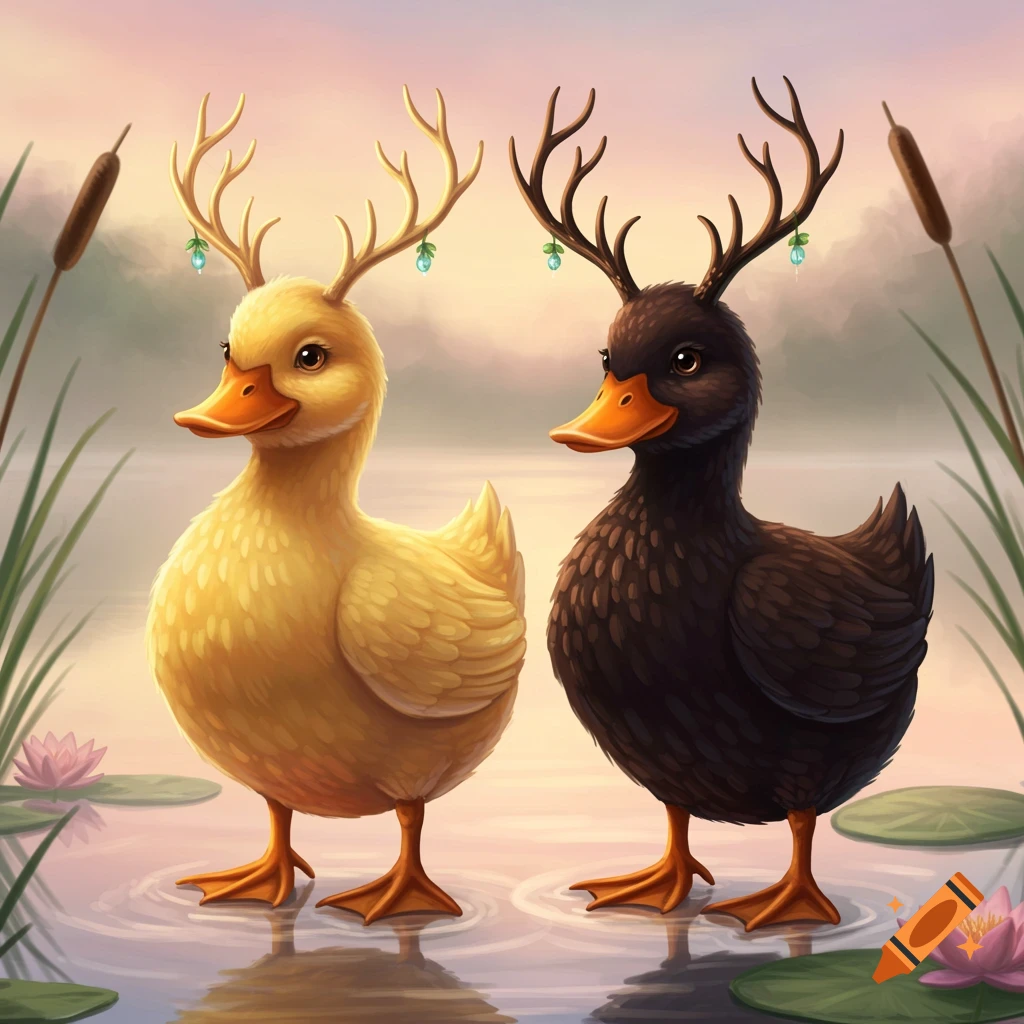 A yellow duck and a dark brown duck, both with antlers, stand in a pond with lily pads and cattails, rendered in a painterly style.