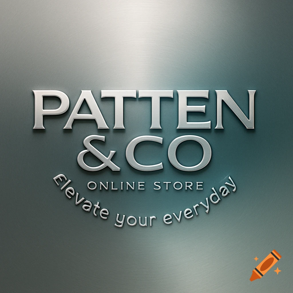 Metallic 3D logo for Patten & Co Online Store with the slogan 'Elevate your everyday' on a brushed metal background.
