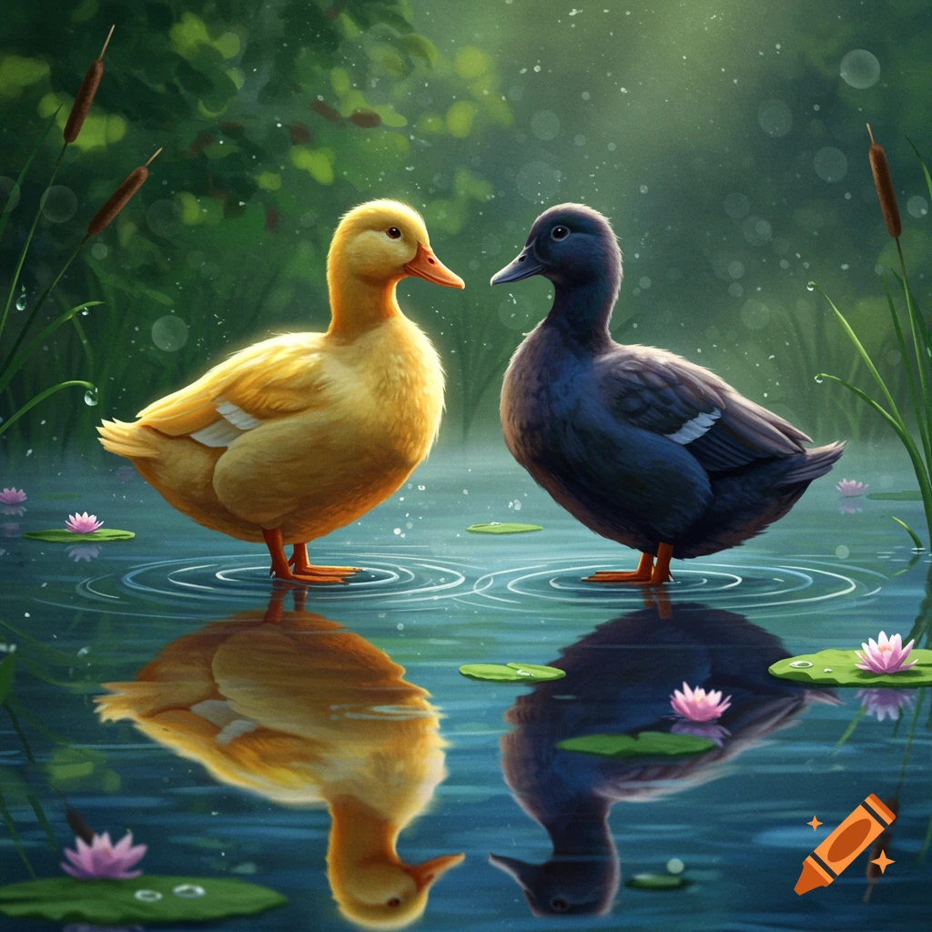 A yellow duck and a dark duck stand facing each other in a pond, surrounded by lily pads and cattails, with reflections in the water.