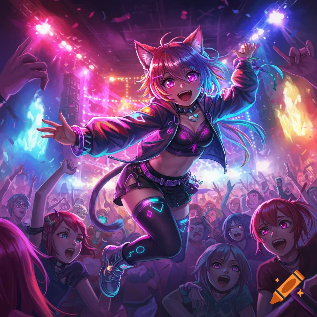 Vibrant anime catgirl jumps in a neon-lit moshpit, surrounded by a cheering crowd at a concert.