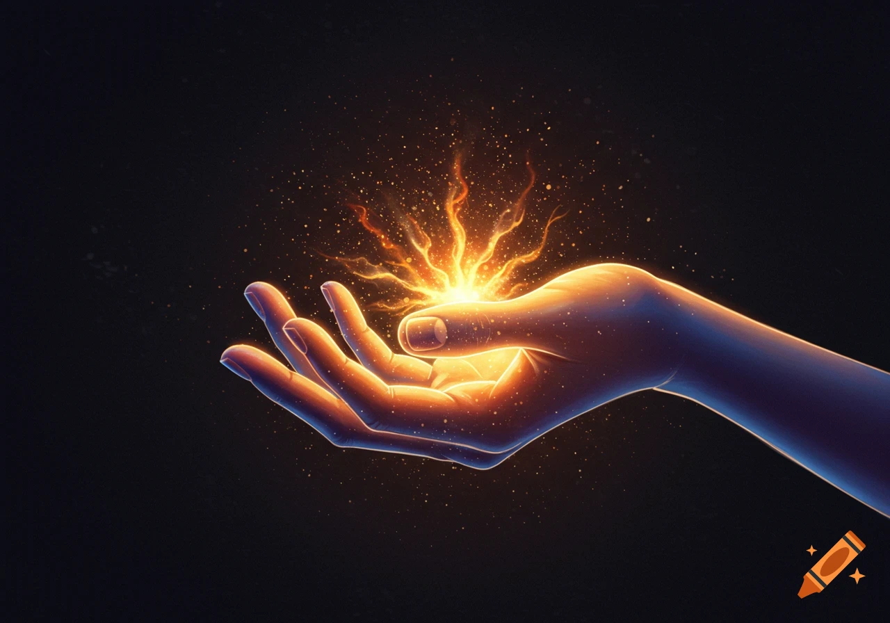 A glowing hand holding an orange light, with sparks emanating from it on a dark background.