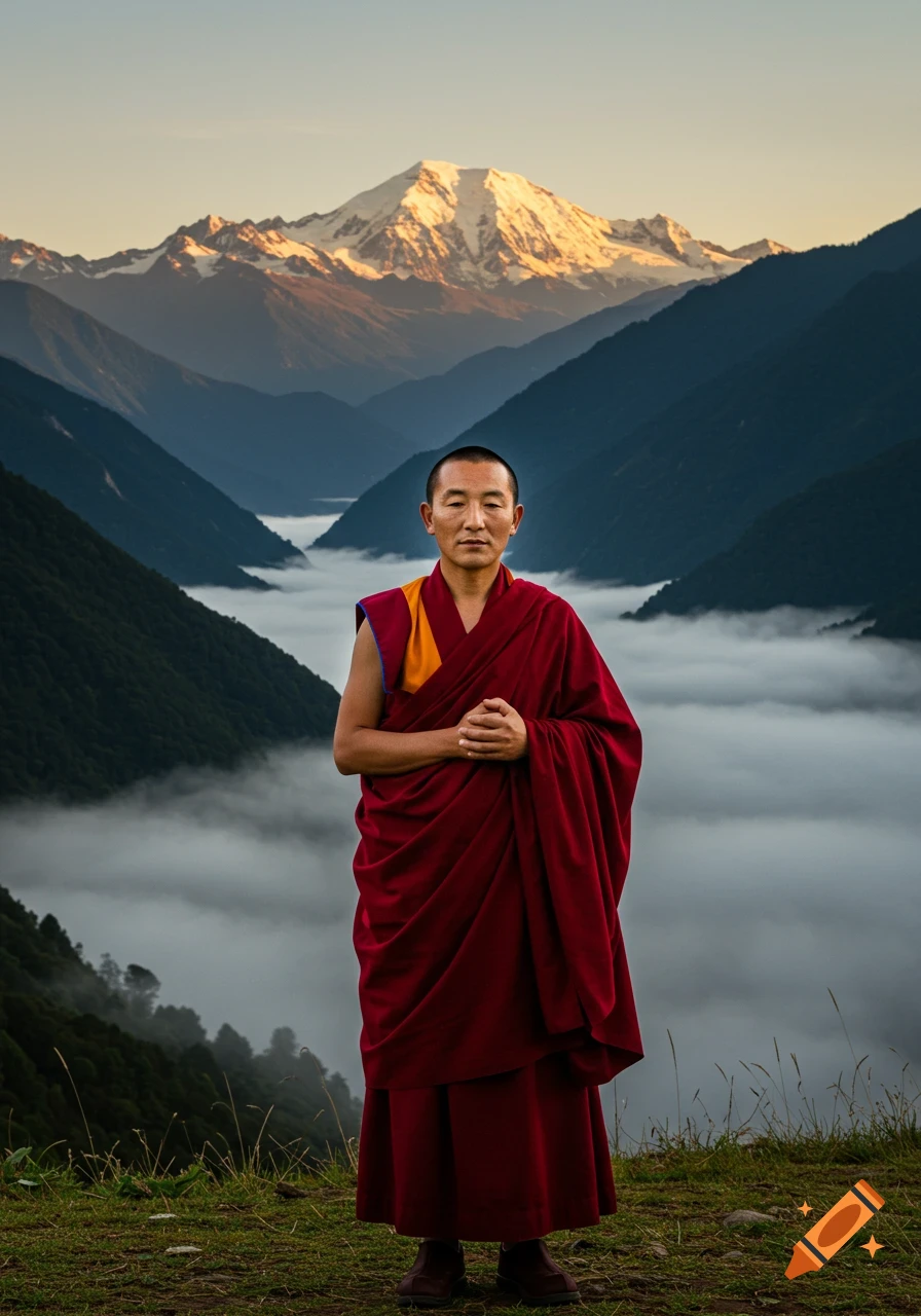 A monk in red robes stands on a grassy hill overlooking a misty mountain valley with a snow-capped peak at sunrise.