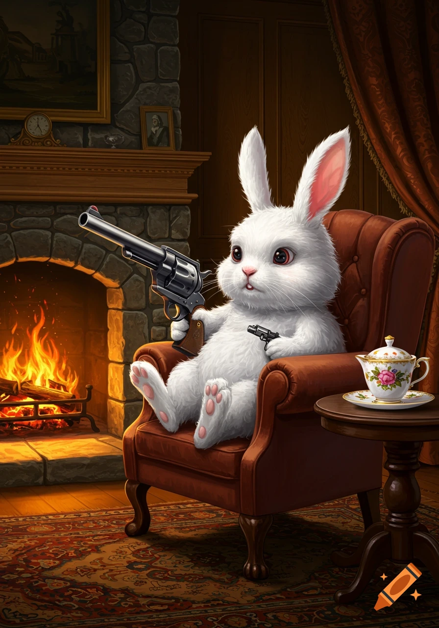 An adorable white bunny sits in a brown armchair, holding a large revolver and a small pistol, by a cozy fireplace with a teacup.