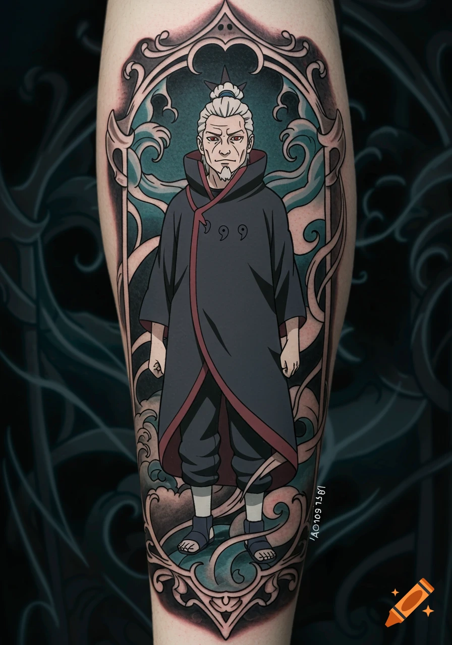Vibrant anime tattoo of Burumi from Naruto on a leg, framed by ornate patterns and a wavy background.