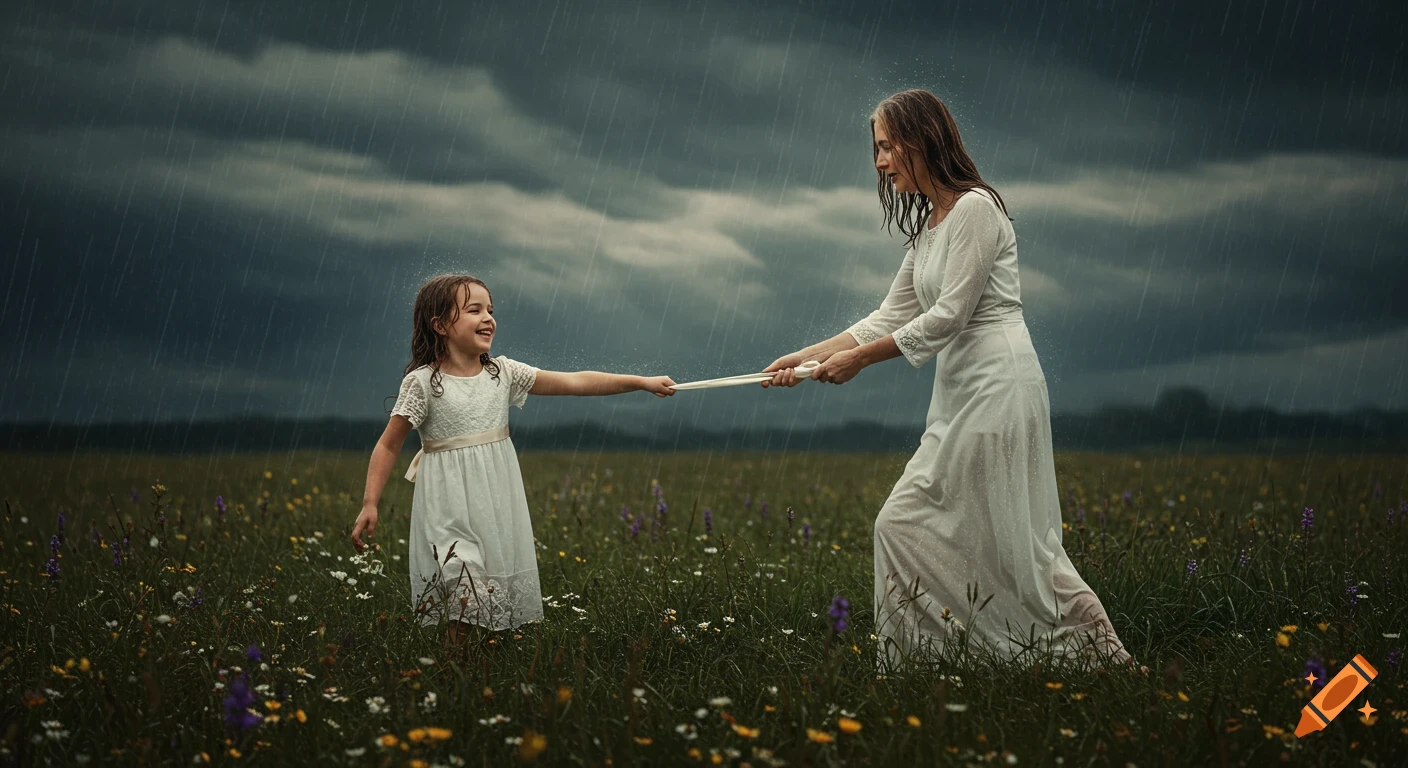 A young girl and woman in white dresses stretch a white ribbon in a rainy field under a stormy sky.