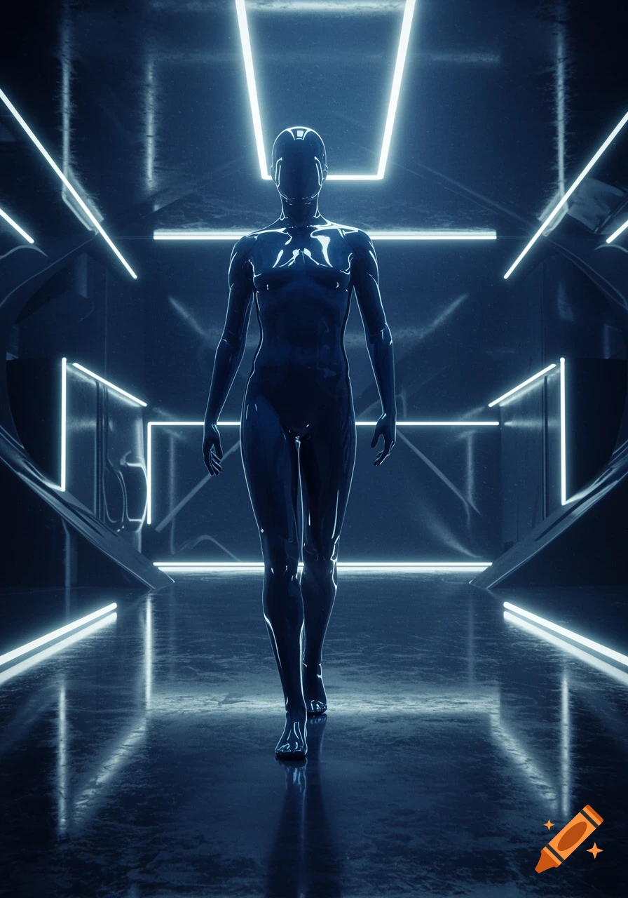A sleek, dark futuristic figure walks forward in a neon-lit, dark, abstract corridor.