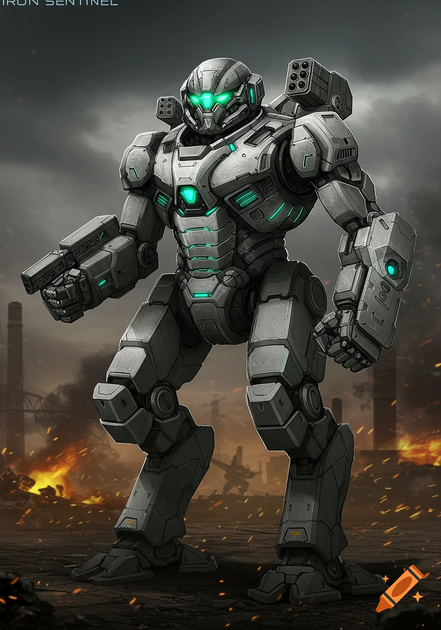 A large grey armored mech with glowing green eyes and chest stands in a fiery, destroyed industrial landscape.