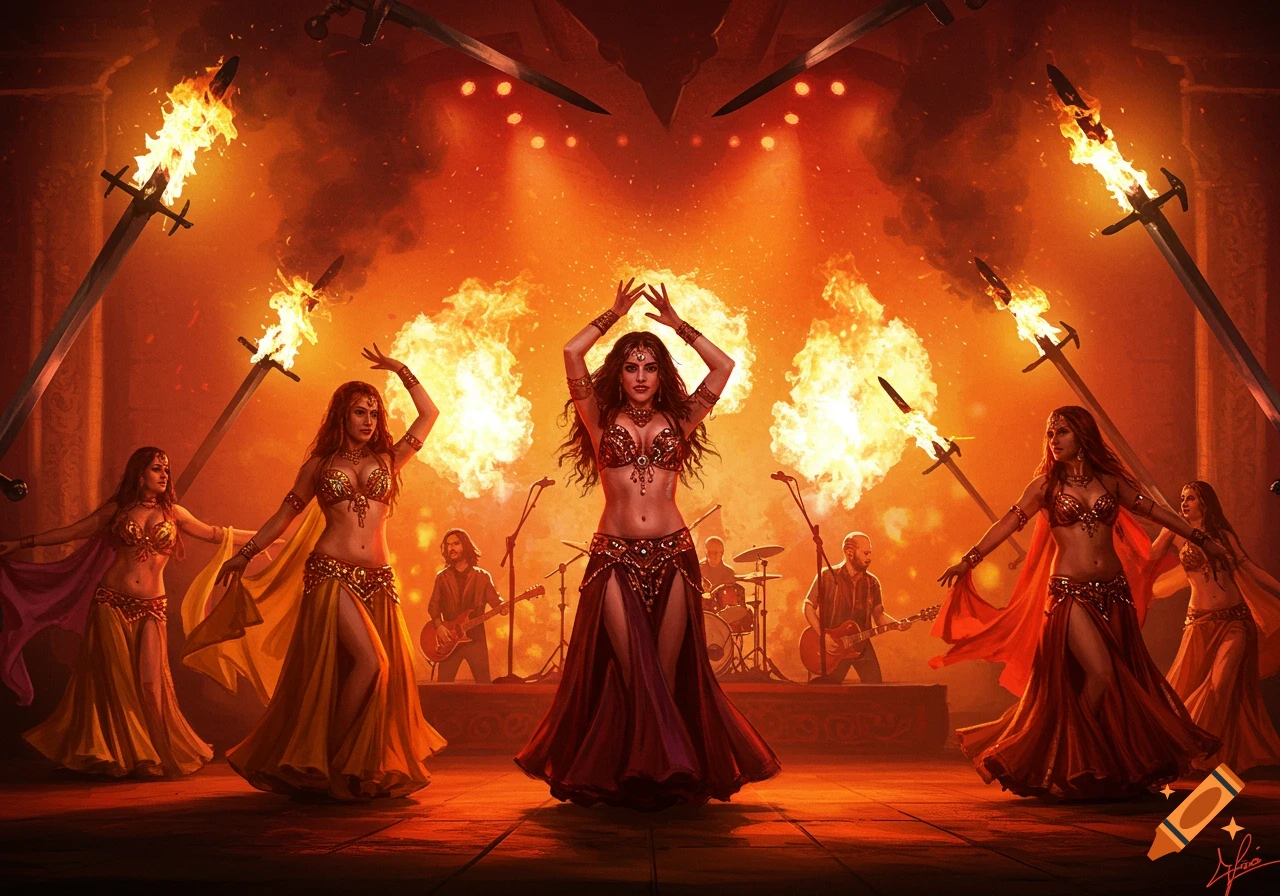 Belly dancers perform on stage with a rock band, surrounded by flaming swords and fire effects.