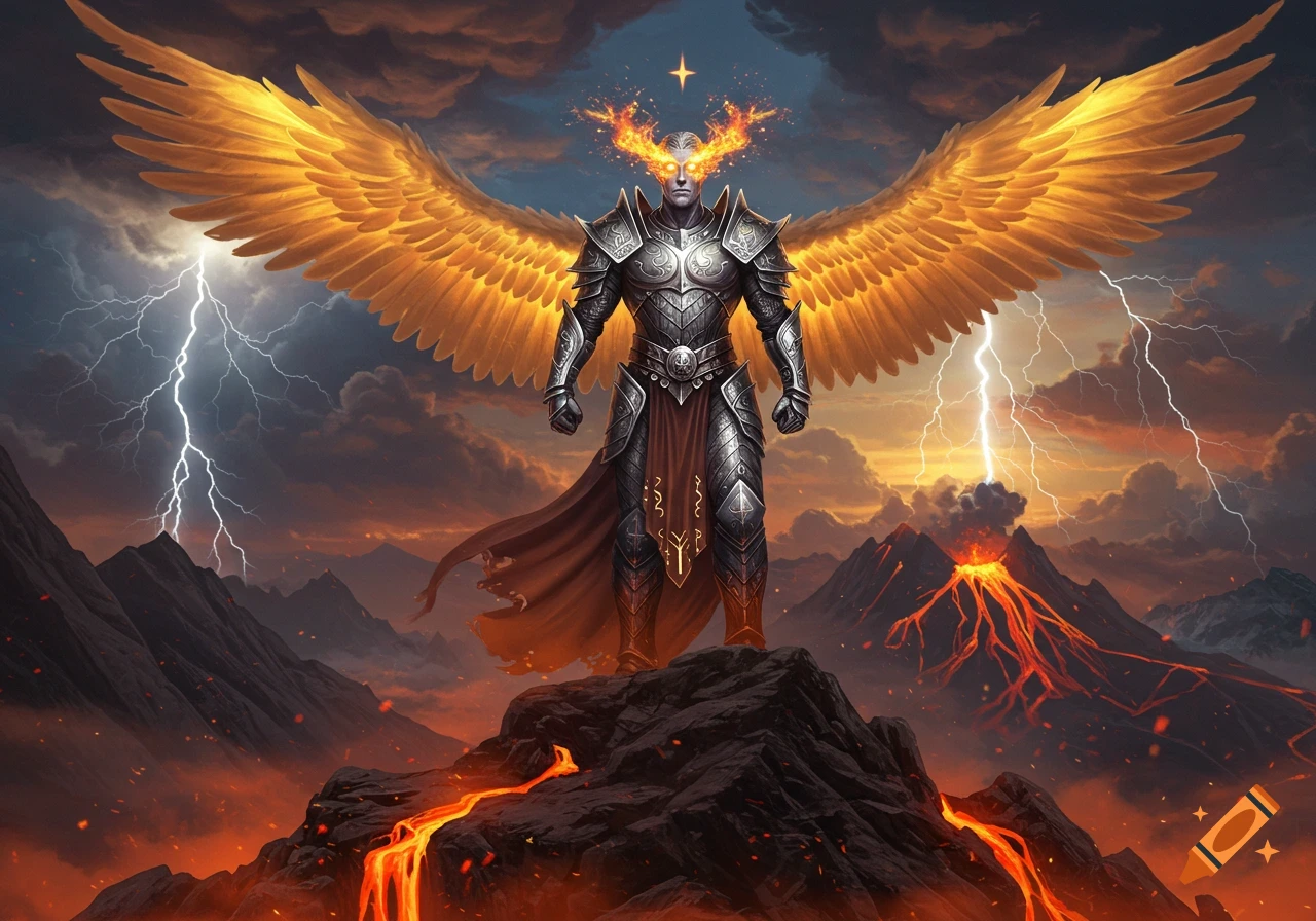 An armored, winged deity with glowing eyes and fiery horns stands on a volcanic peak with lightning, lava flows, and stormy skies.