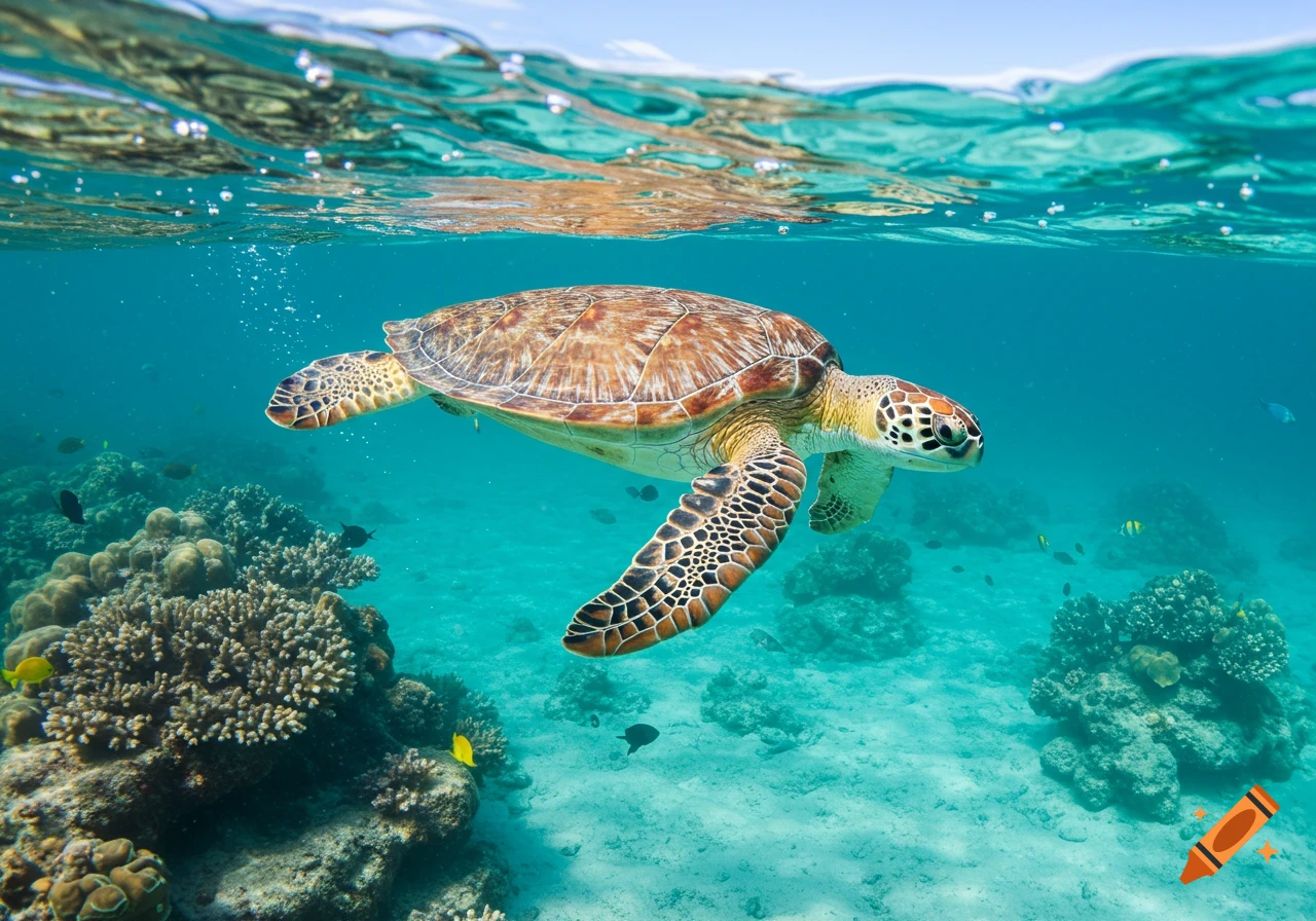 A photorealistic sea turtle swims over a vibrant coral reef in clear blue ocean water, with sunlight filtering from the surface.
