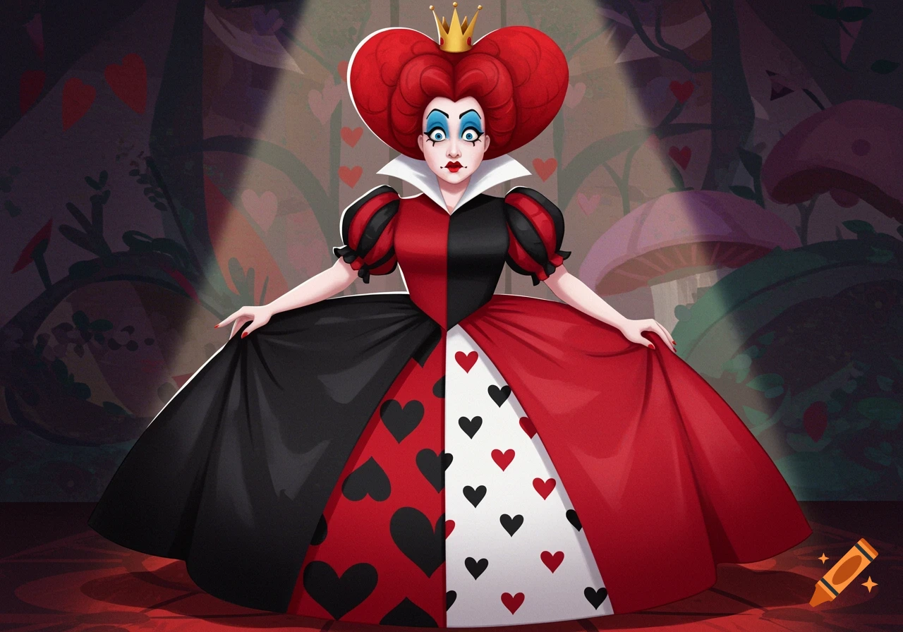 An illustrated Queen of Hearts in a large red and black pantomime dress with heart patterns, a heart-shaped red wig, and a crown.