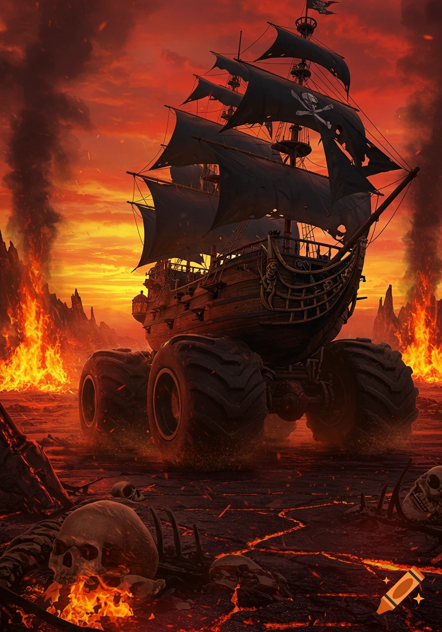 A pirate ship on monster truck wheels drives through a fiery, hellish landscape with smoke and skulls.