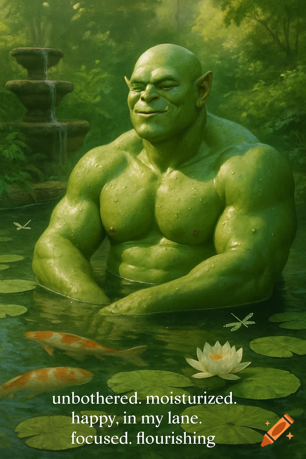 Photorealistic green orc sitting in a pond with lily pads and koi fish, text reads 'unbothered. moisturized. happy, in my lane. focused. flourishing.'