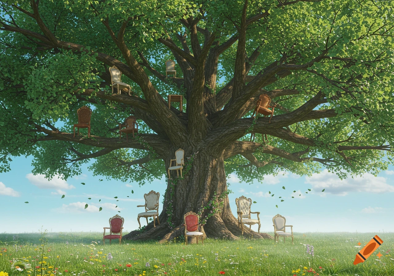 A large, lush green tree with numerous ornate chairs on its branches and around its base, in a sunny field with wildflowers.