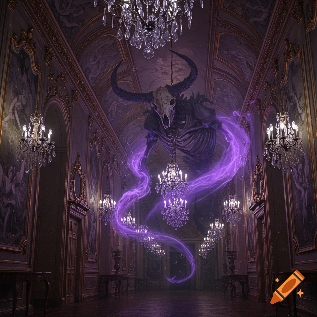 A menacing, giant gashadokuro with horns and purple spirit flames crammed into an ornate, gothic manor hallway with chandeliers.