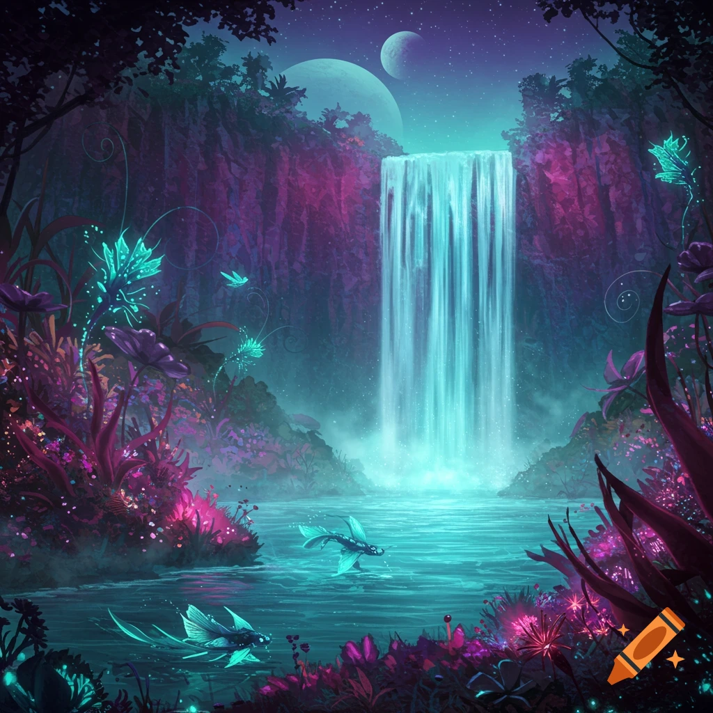 A vibrant, alien fantasy landscape at night with a glowing waterfall, luminous plants, and strange fish under two moons.