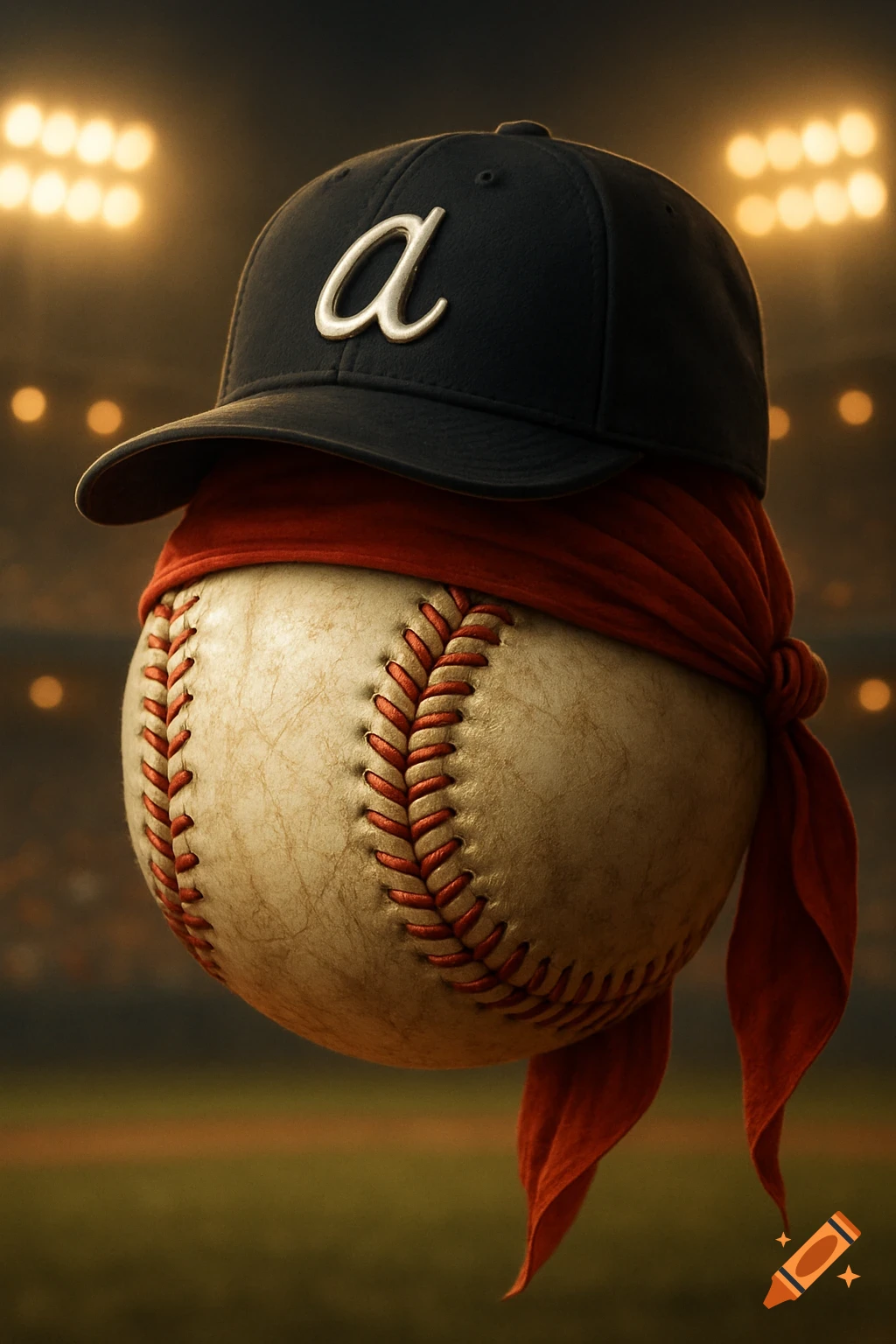 A photorealistic image of a baseball wearing a red bandana and a black baseball cap with a cursive 'a' logo, set against a blurred baseball stadium background.