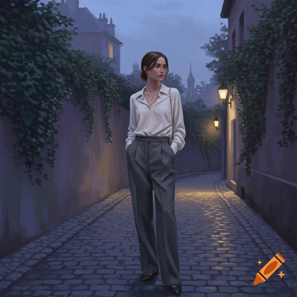 A woman in a white shirt and grey trousers walks down a cobblestone alley lit by lampposts at dusk, in a digital painting style.