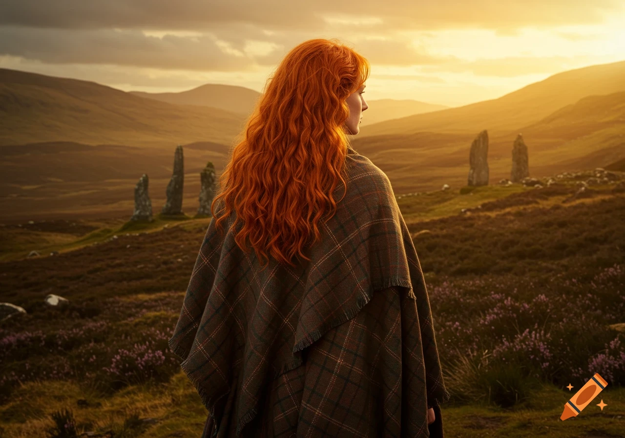 A woman with long, flowing red hair and a plaid cloak stands with her back to the viewer, looking out over a vast, misty landscape with standing stones at sunset. Photorealistic.