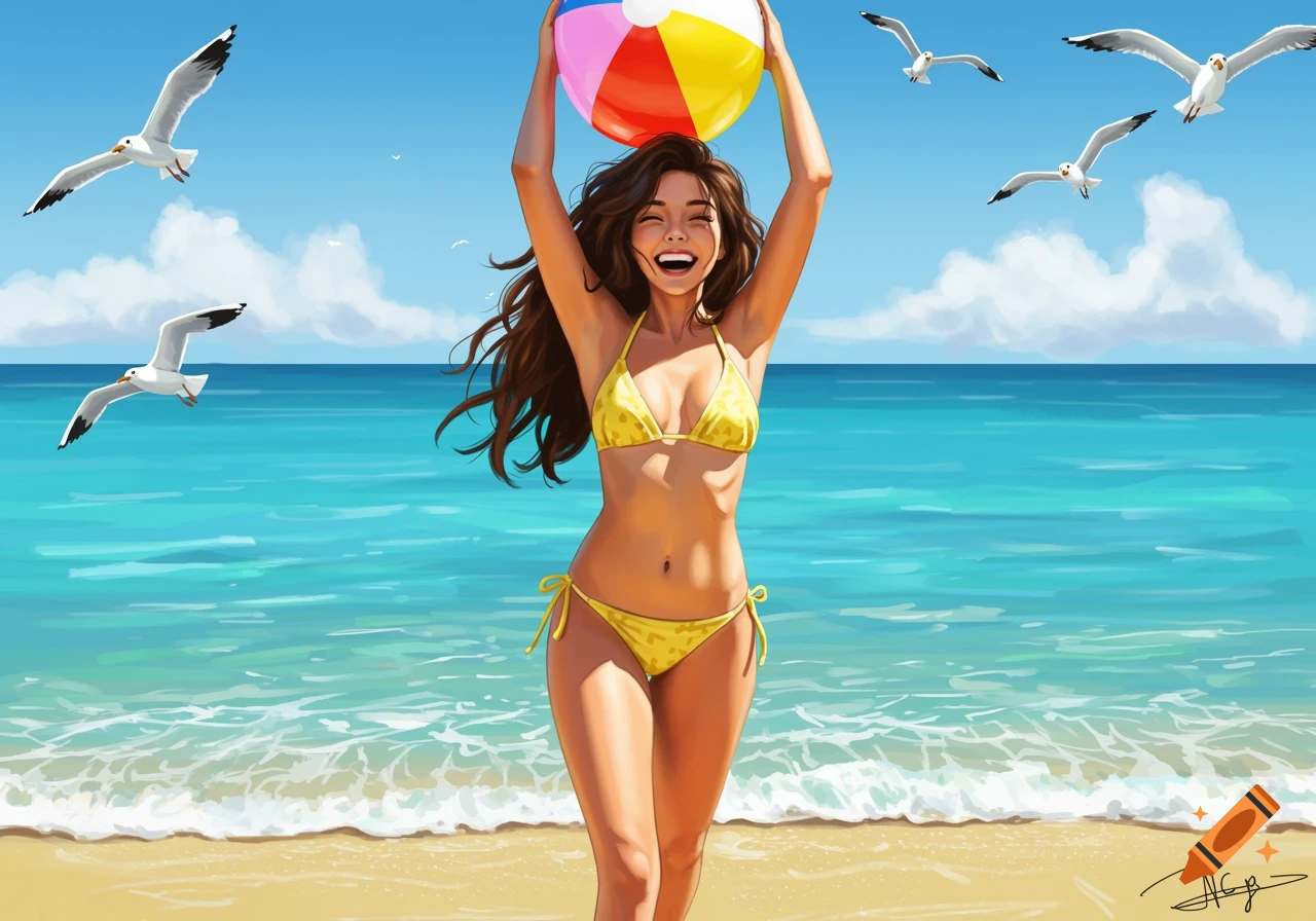 An illustration of a smiling brunette woman in a yellow bikini holding a beach ball overhead on a sunny beach with seagulls flying.
