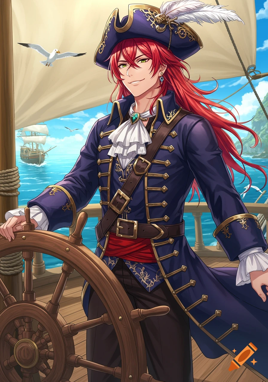 Anime-style red-haired male pirate in a blue coat stands at a ship's wheel on a sunny day at sea.