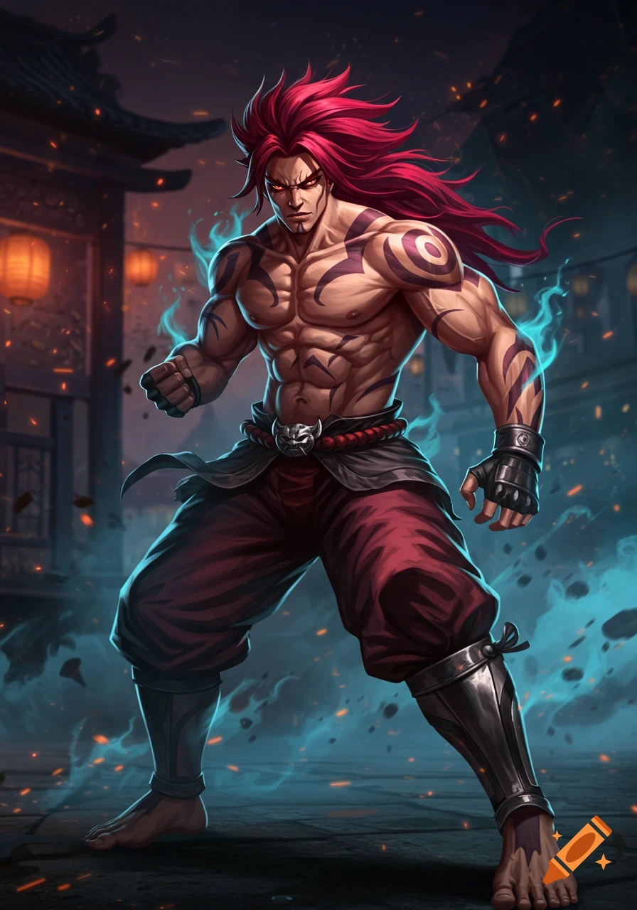 Muscular anime male martial artist with long red hair and tribal tattoos stands in a street at night.