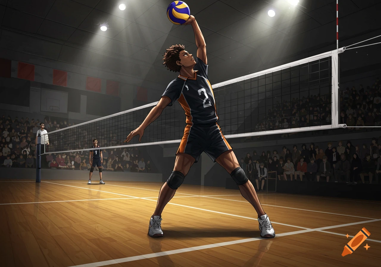 A male volleyball player in a dark uniform with the number 2 on it is about to spike a volleyball on a court in a dimly lit stadium.