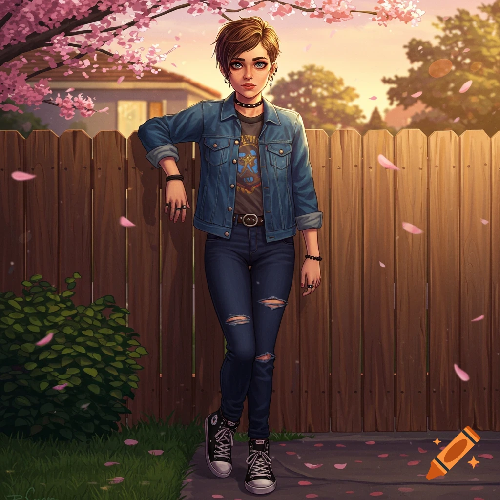 An anime-style illustration of a young woman with short brown hair, wearing a denim jacket and ripped jeans, leaning against a wooden fence under a cherry blossom tree.